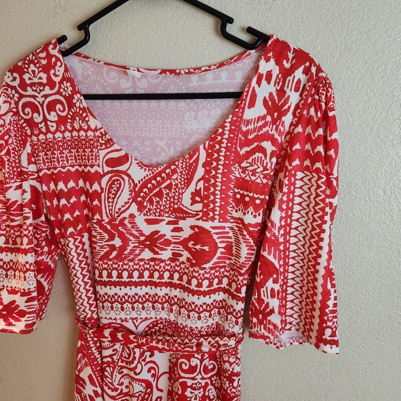 Women's Red Printed Belted Summer Jersey Dress Tropical Vacation Spring - Picture 5 of 6